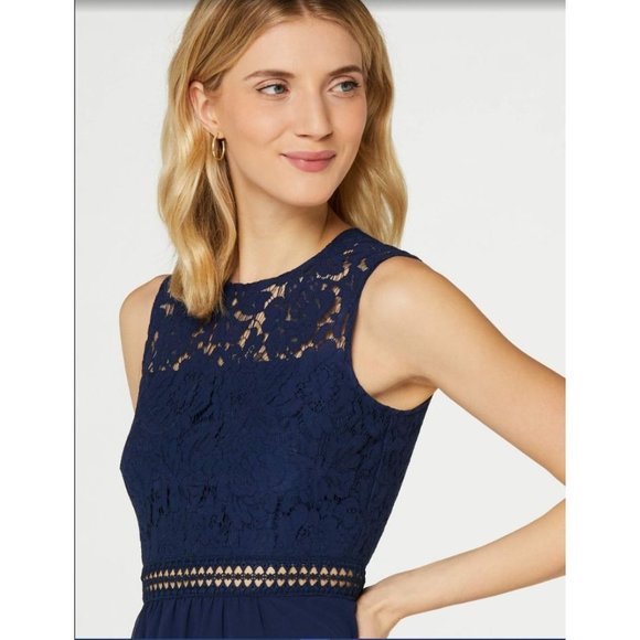 Truth & Fable Chiffon Lace Midi Dress L Cutout Waist Keyhole Back Fit Flare Navy - Picture 2 of 12